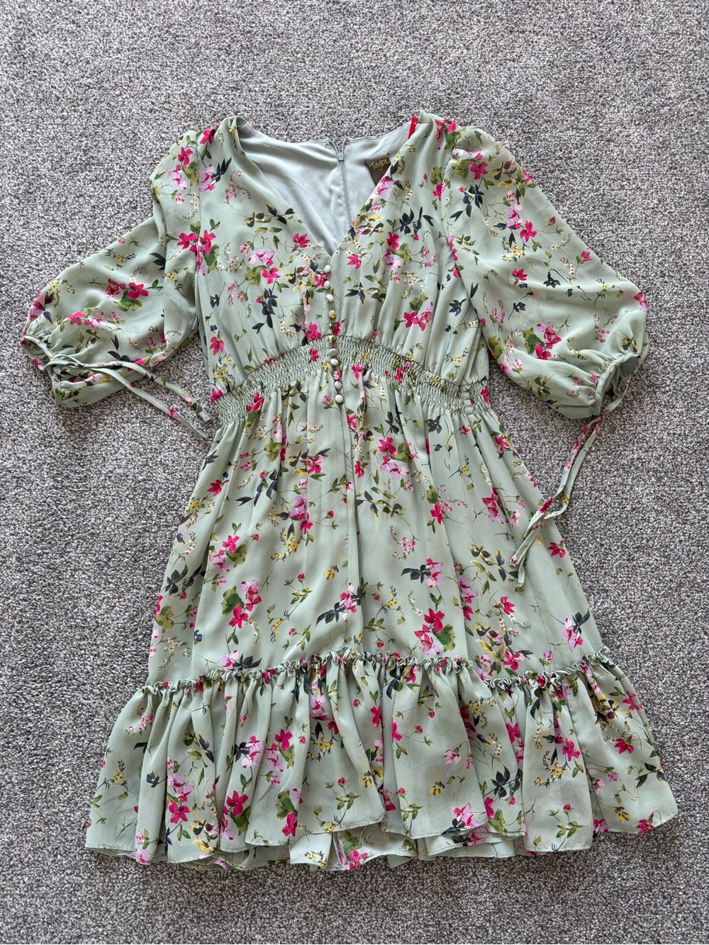 Floral Sage Green Ruffle Dress - Pink Blossom Print
